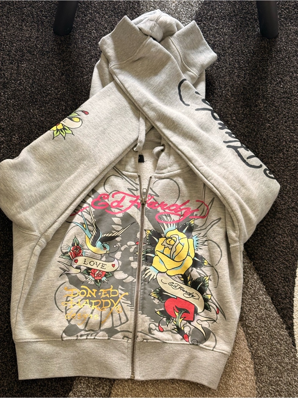Ed Hardy Gray Sweatsuit with Yellow Rose & Multicolor Tattoo Graphics